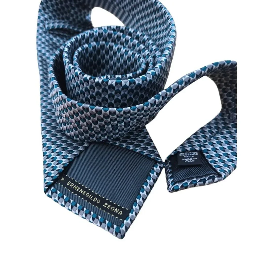 ERMENGILDO ZEGNA Silver Geometric Silk Tie ITALY 59